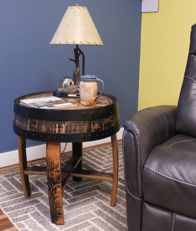 Amish-Made Rustic Barrel-Top End Table, Reclaimed Whiskey Barrel Table with Barrel Rings
